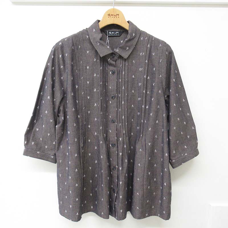 儀右ヱ門 久留米かすり 前開きブラウス セ517 三星14立ベージュ/白